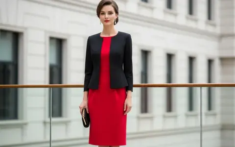 Elegancka kobieta w czerwonej sukience i czarnym żakiecie. Idealna stylizacja, gdy zastanawiasz się, jaki żakiet do czerwonej sukienki pasuje.