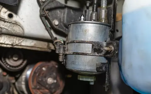 Detailaufnahme eines Kraftstofffilters, der Teil des Kraftstoffpumpensystems eines Autos ist.