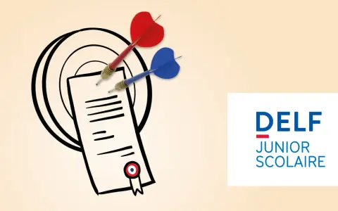 Dardos rojos y azules apuntan a un documento con un sello, simbolizando el éxito en el examen DELF Junior Scolaire, un título de francés.