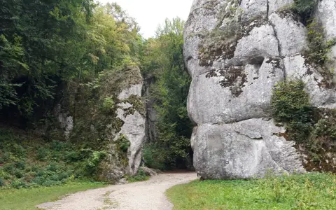 Kamieniste ścieżki w Ojcowski Park Narodowy prowadzą między wapiennymi skałami porośniętymi mchem i zielenią.