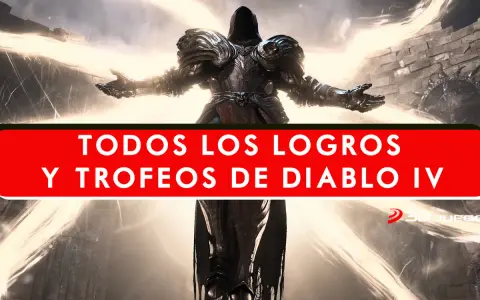 Figura imponente con armadura oscura, rodeada de luz celestial. El texto indica "TODOS LOS LOGROS Y TROFEOS DE DIABLO IV", sugiriendo una guía para obtener todos los trofeos diablo 4.