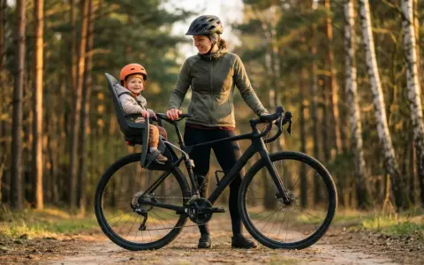 Uśmiechnięte dziecko w kasku siedzi w foteliku rowerowym zamontowanym z tyłu roweru. Mama obok, gotowa na wspólną przejażdżkę po lesie.