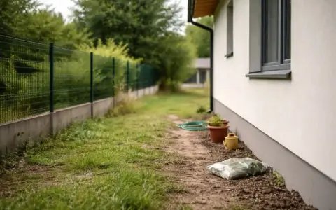 Ścieżka obok domu, z zielonym ogrodzeniem w tle. Odległość od granicy działki 1,5 m. Widać doniczki, wąż ogrodowy i worek z ziemią.