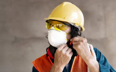 Trabajador ajustando su mascarilla, gafas y epi casco amarillo. Chaleco naranja y protectores auditivos rojos.
