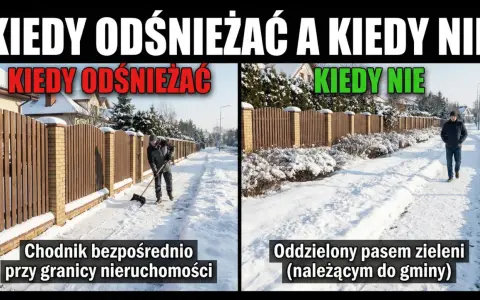 Dwa chodniki pokryte śniegiem: jeden odśnieżany przez mężczyznę, drugi zarośnięty.