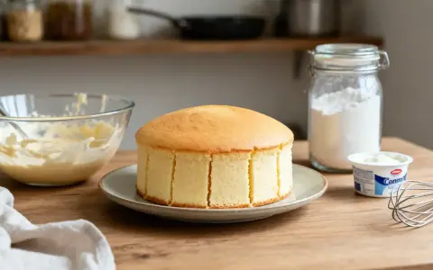 Un délicieux gâteau au yaourt, prêt à être décoré. À côté, un bol de crème, un pot de yaourt et de la farine.