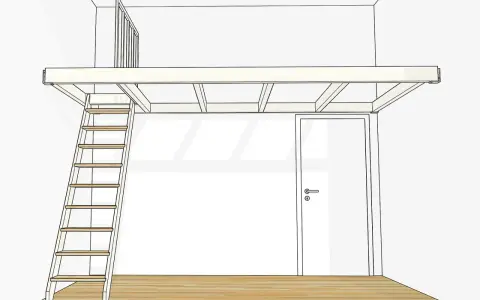 Eine Skizze zeigt, wie man ein Hochbett selber bauen kann, mit Leiter und Geländer.