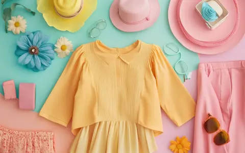 Un'esplosione di **colori caldi**: un outfit estivo con camicetta gialla, pantaloni rosa, cappelli e accessori floreali.