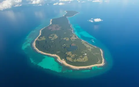 Zielona wyspa otoczona turkusową wodą, przypominająca kształtem Madagaskar.