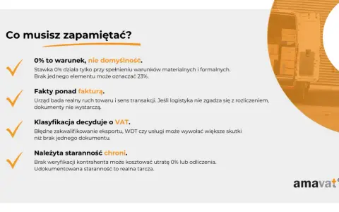 Co musisz zapamiętać? 0% to warunek, nie domyślność. Fakty ponad fakturą. Klasyfikacja decyduje o VAT. Należyta staranność chroni. WDT to ważny element.