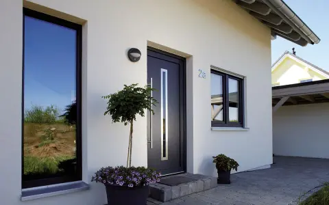 Piante e fiori per abbellire ingresso esterno casa. Porta moderna con maniglia lunga, finestre e numero civico 28.