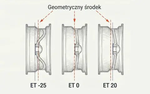 Ilustracja pokazuje trzy przekroje felg z różnym osadzeniem: ET -25, ET 0 i ET 20. Widać, jak zmienia się położenie geometrycznego środka felgi względem jej płaszczyzny montażowej.