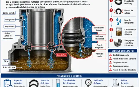 Corte transversal de un bloque motor mostrando la fuga de refrigerante a través de O-rings defectuosos, contaminando el aceite.