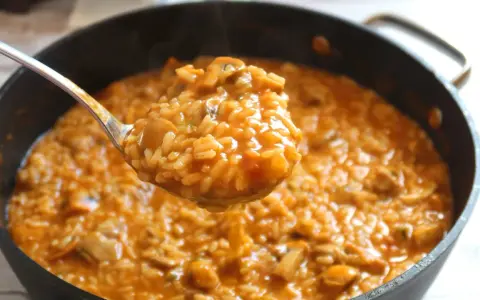 Cuchara llena de cremoso arroz con pollo de la abuela, humeante y con trozos de pollo y champiñones.
