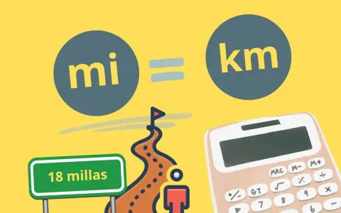Calculadora lista para pasar millas a km. Un camino con señal de "18 millas" y un viajero marcan el inicio de la conversión.