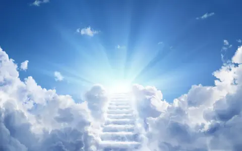 Eine Treppe aus Wolken führt zum strahlenden Licht des Himmels, ein Symbol für jungfrauen im Paradies.