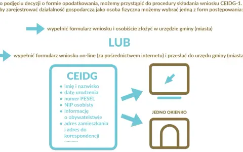 Schemat przedstawia proces założenia firmy CEIDG. Można wypełnić wniosek online lub osobiście w urzędzie. Wymagane dane to m.in. PESEL i adres.