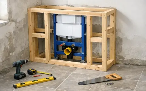 Cadre en bois pour un wc suspendu sur mur non porteur, avec réservoir et tuyauterie visibles. Outils de bricolage au sol.