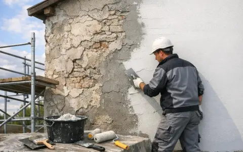 Un ouvrier en casque blanc applique de l'enduit sur une façade en cours de renovation. Échafaudage et outils à proximité.