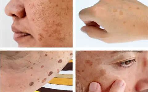 Gros plan sur des taches brunes sur la peau, dont un lentigo solaire sur le visage et le dos de la main.