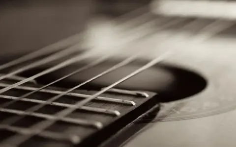 Zbliżenie na struny gitary, jakby grały melodię w stylu Claude'a Debussy'ego.