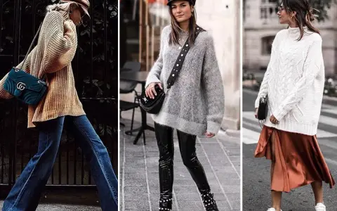 Drei Frauen zeigen, wie man einen **oversize pullover stylen** kann: mit Schlagjeans, Lederhose oder Satinrock.