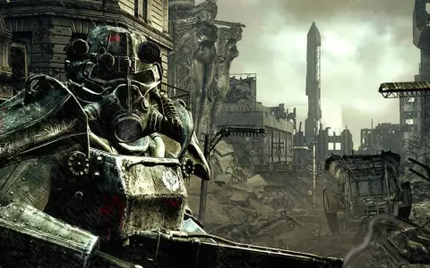 Un soldado con armadura de poder en un páramo postapocalíptico, evocando la atmósfera de un **Fallout 3 remaster**.