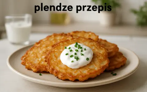 Plendze (placki ziemniaczane) z kwaśną śmietaną i szczypiorkiem na talerzu.