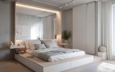 Minimalistyczna, mała sypialnia w bloku z podniesionym łóżkiem i dużym lustrem nad wezgłowiem. Jasne kolory i proste formy tworzą spokojną atmosferę.
