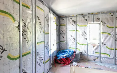 Intérieur en cours d'isolation, murs recouverts de pare-vapeur Isover Vario Xtra. Rouleaux de tuyaux bleus et rouges au sol. Un coup de pouce pour une isolation performante.