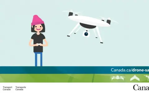 A person controls a drone, illustrating Canada drone laws and safety. Learn more at canada.ca/drone-safety.