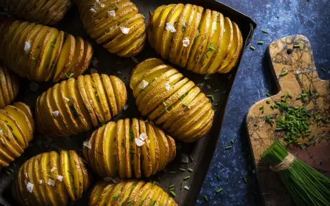 Patatas Hasselback doradas y crujientes, perfectas para tus recetas con patatas. Espolvoreadas con sal marina y cebollino fresco.