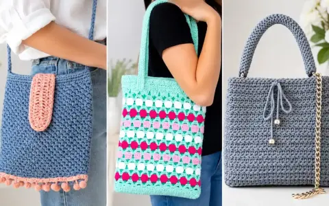 Tres bolsos de ganchillo: uno azul con pompones, otro multicolor y uno gris elegante. Ideas para como hacer bolsos de ganchillo faciles.