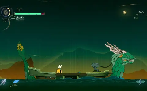 Un gato con capa amarilla navega en una barca junto a un dragón verde. El sol, con nueve rayos, ilumina la escena.