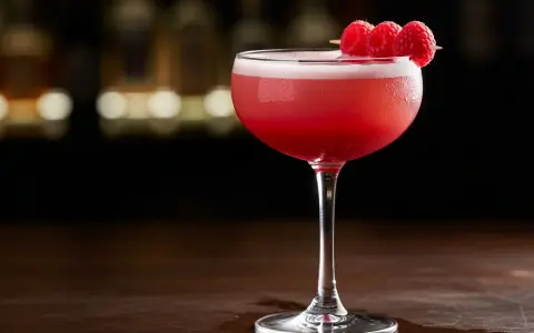 En vackert rosa raspberry sour-cocktail, garnerad med tre färska hallon på en träpinne, står på ett mörkt träbord.