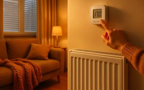 Une main ajuste le thermostat d'un radiateur dans un salon confortable. Un autre radiateur est visible à gauche, près d'un canapé.