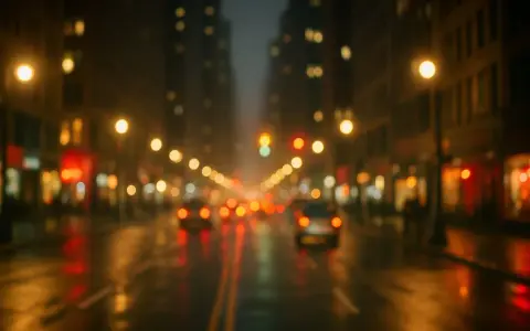 Luci sfocate di una strada cittadina di notte, con riflessi sull'asfalto bagnato, che ricordano l'effetto dell'astigmatismo.