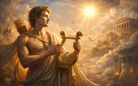Apollo, bóg słońca i muzyki, z lirą w dłoniach, na tle niebiańskich krajobrazów. Mit o Apollo ożywa w blasku słońca.