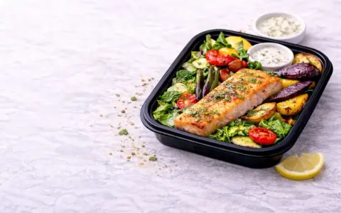 Pyszny łosoś z pieczonymi warzywami i ziołowym dipem. Idealny posiłek na dietę low carb.