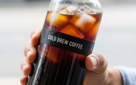 Dłoń trzyma butelkę z orzeźwiającym cold brew coffee, pełną kostek lodu. Idealna kawa do cold brew na upalne dni.