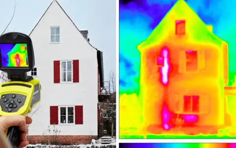 Kamera termowizyjna pokazuje dom z widocznymi ucieczkami ciepła. Jasne plamy wskazują na **mostek termiczny**, gdzie izolacja jest słabsza.