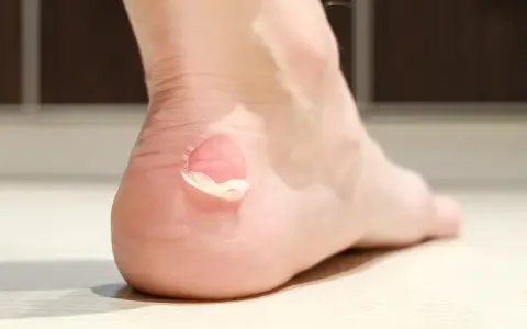 Talón con ampollas abiertas, piel desprendida y líquido visible, resultado de ampollas en los pies por sudor.