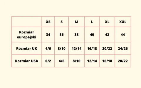 Tabela rozmiarów: europejski 38 to S, UK 8/10, USA 8/10. Jaki to rozmiar 8?