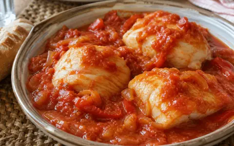 Bacalao con tomate, un plato casero con trozos de pescado blanco en una salsa roja de tomate y cebolla.
