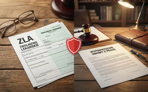 Zwolnienie lekarskie i wypowiedzenie umowy o pracę na biurku. Symbol tarczy sugeruje ochronę lub spór prawny związany z likwidacją stanowiska pracy.