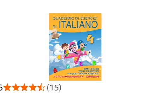 Quaderno di grammatica per la classe quarta, con bambini che volano su un aereo-razzo tra le nuvole.