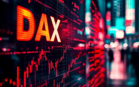 Gráfico de bolsa con el logo DAX en rojo brillante sobre un fondo oscuro. Luces de ciudad borrosas al fondo.