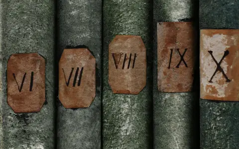 Alte Bücher mit grünen Einbänden, auf denen die lateinischen Zahlen VI, VII, VIII, IX und X stehen.