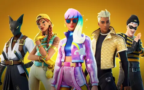 Pięć postaci z Fortnite, w tym kot-samuraj i dziewczyna z tęczowymi włosami. Szukasz **fortnite kody na skiny**?