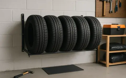 Cinque gomme per auto su un supporto a muro, un modo pratico per sapere come tenere le gomme in garage.